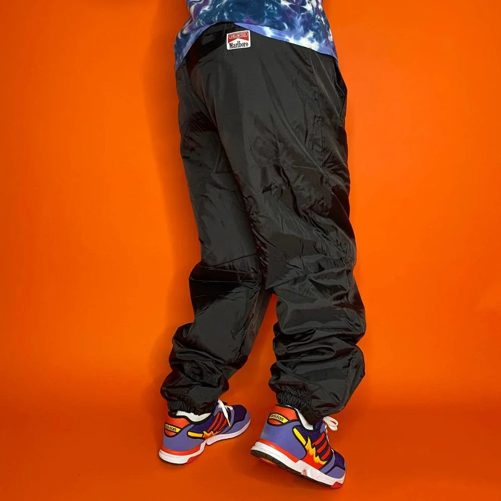 Vintage Black Marlboro Snow Pants Nylon Joggers Sweatpants Red Lining 1990s